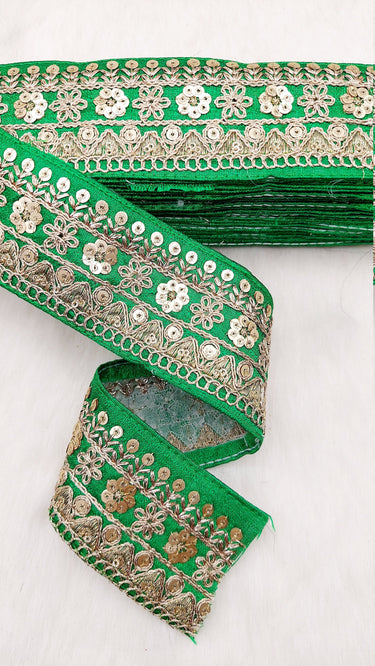 Art Silk Fabric Trim With Gold Floral Embroidery, Floral Sequins Sari Border, Trim By 9 Yards